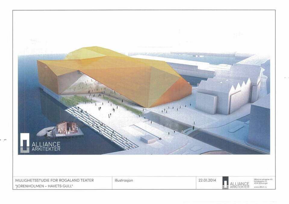 Et av forslagene til nytt teater, her plassert på Jorenholmen. Illustrasjon: Alliance Arkitekter