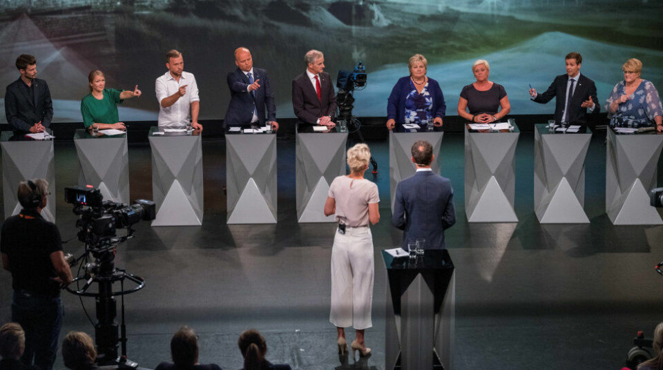 NI PARTIER: Partilederdebatten under Arendalsuka i sommer gjenspeiler hvordan Stortinget vil være sammensatt etter valget . F.v. Bjørnar Moxnes, Rødt, Une Bastholm, MDG, Audun Lysbakken, SV, Trygve Slagsvold Vedum, Sp, Jonas Gahr Støre, Ap, Erna Solberg, Høyre, Siv Jensen, Frp, Knut Arild Hareide, KrF og Trine Skei Grande, Venstre. FOTO: TOR ERIK SCHRØDER/NTB SCANPIX NI PARTIER: Partilederdebatten under Arendalsuka i sommer gjenspeiler hvordan Stortinget vil være sammensatt etter valget . F.v. Bjørnar Moxnes, Rødt, Une Bastholm, MDG, Audun Lysbakken, SV, Trygve Slagsvold Vedum, Sp, Jonas Gahr Støre, Ap, Erna Solberg, Høyre, Siv Jensen, Frp, Knut Arild Hareide, KrF og Trine Skei Grande, Venstre. FOTO: TOR ERIK SCHRØDER/NTB SCANPIX