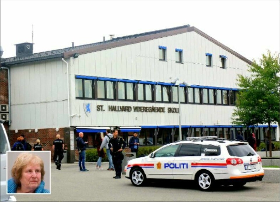 Voldsforsker Ragnhild Bjørnebekk (innfelt) mener skolen burde vært varslet om drapstrusler i forkant av knivangrepet mot en 16 år gammel jente på St. Hallvard videregående skole i Lier.