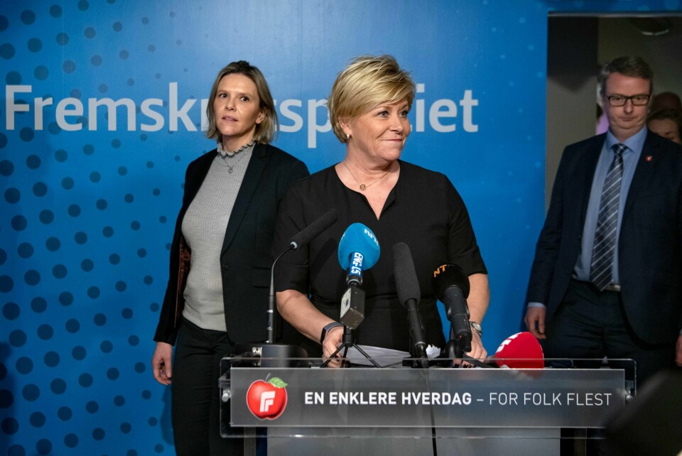 Mandag 20.januar 2020 gikk Fremskrittspartiet ut av regjering. Frp-leder Siv Jensen holdt en pressekonferanse sammen med sine nestledere Sylvi Listhaug og Terje Søviknes for å forklare hvorfor.