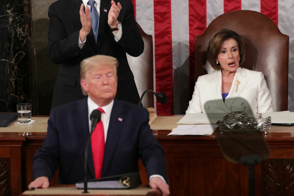 U.S. President Donald Trump speaks near Speaker of the House Nancy Pelosi (D-CA) during his State of the Union address to a joint session of the U.S. Congress in the House Chamber of the U.S. Capitol in Washington, U.S. February 4, 2020. REUTERS/Jonathan Ernst U.S. President Donald Trump speaks near Speaker of the House Nancy Pelosi (D-CA) during his State of the Union address to a joint session of the U.S. Congress in the House Chamber of the U.S. Capitol in Washington, U.S. February 4, 2020. REUTERS/Jonathan Ernst