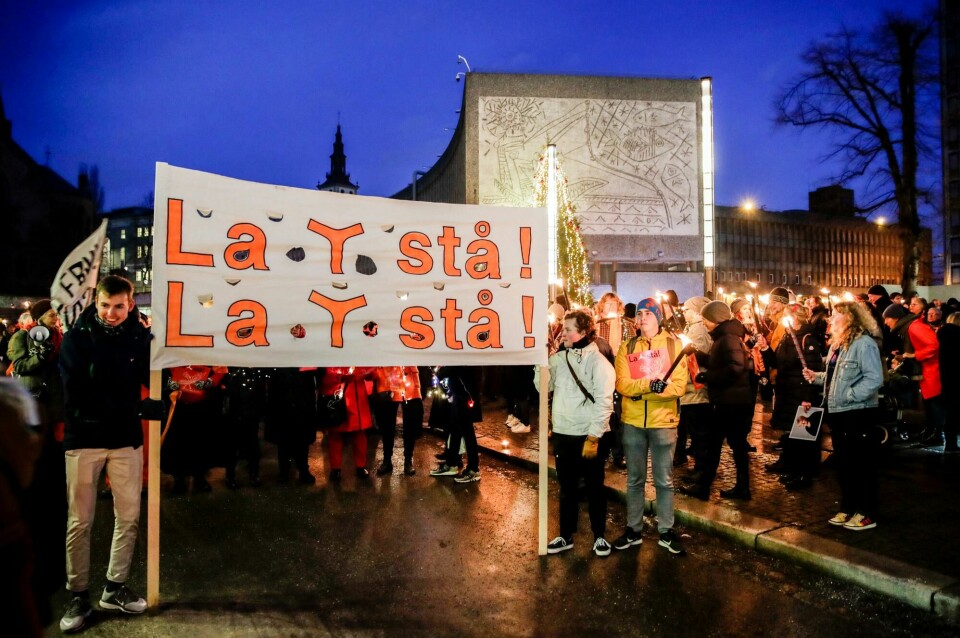 Demonstrasjonstog mot riving av Y-blokka, 2. januar i år Oslo 20200102. Mange brukte årets andre dag til å demonstrere mot rivingen av Y-blokken i regjeringskvartalet.Foto: Vidar Ruud / NTB scanpix