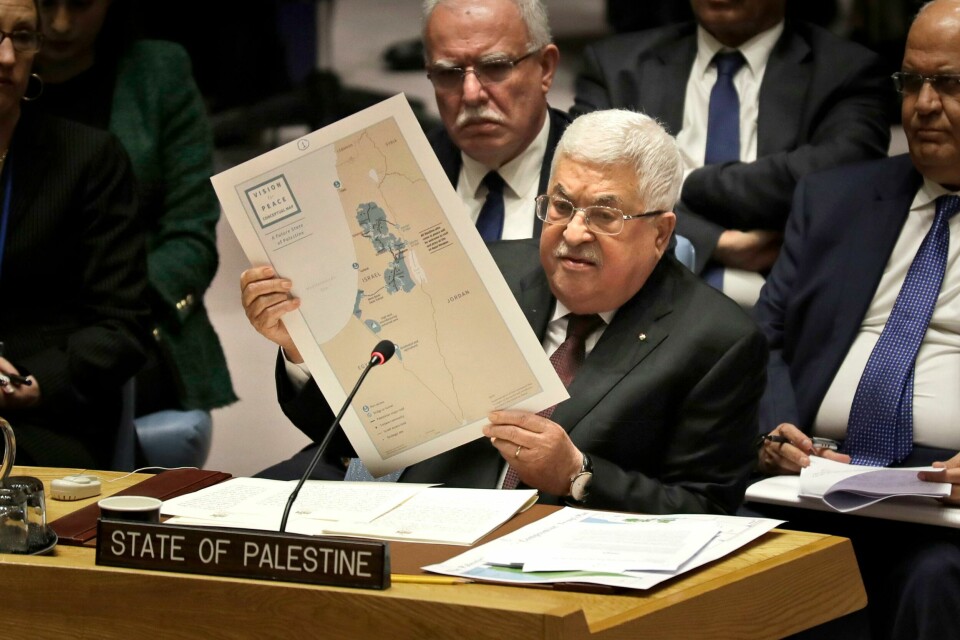 Palestinas president Mahmoud Abbas talte under et møte i FNs sikkerhetsråd tirsdag. Palestinian President Mahmoud Abbas speaks during a Security Council meeting at United Nations headquarters, Tuesday, Feb. 11, 2020. (AP Photo/Seth Wenig)