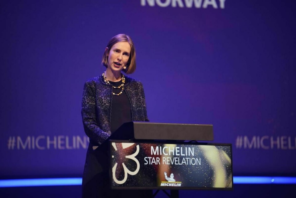 Næringsminister Iselin Nybø (V) under Michelin-guidens utdeling i Olavshallen i Trondheim mandag ettermiddag. Foto: Ole Martin Wold/NTB scanpix