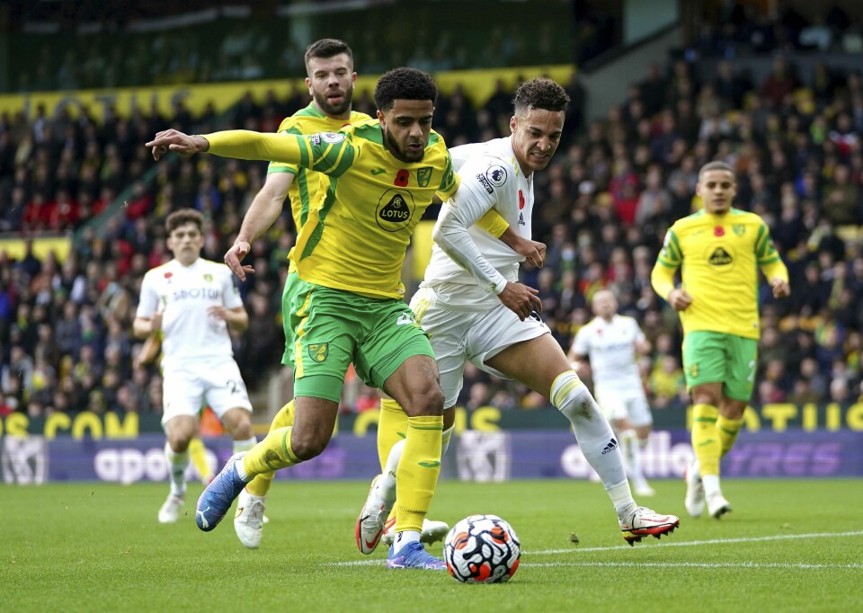 Andrew Omobamidele (t.v.) og Rodrigo (t.h) scoret begge i oppgjøret mellom Norwich og Leeds søndag. Andrew Omobamidele (t.v.) og Rodrigo (t.h) scoret begge i oppgjøret mellom Norwich og Leeds søndag. Foto: Joe Giddens / PA via AP / NTB