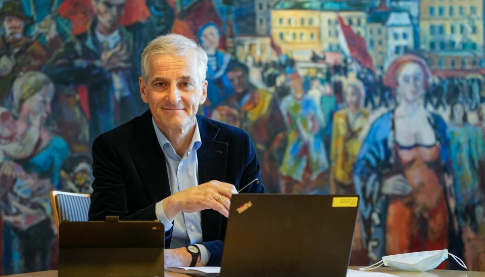 Partileder i Arbeiderpartiet, Jonas Gahr Støre, under den digitale pressekonferansen i forkant av Arbeiderpartiets landsmøte. Ap-leder Jonas Gahr Støre holdt tirsdag en digital pressekonferanse i forkant av Arbeiderpartiets landsmøte. Samme dag viser en ny VG-måling at Ap går kraftig fram i oppslutning. Foto: Ole Berg-Rusten / NTB
