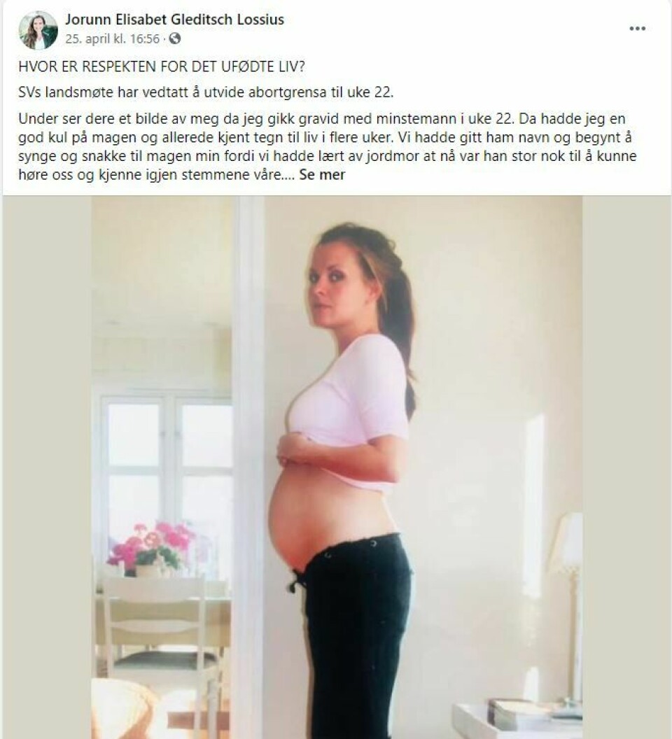 Jorunn Elisabet Gleditsch Lossius publiserte søndag dette innlegget på Facebook fra da hun var gravid med sønnen Edvard. Jorunn Elisabet Gleditsch Lossius publiserte søndag dette innlegget på Facebook fra da hun var gravid med sønnen Edvard.