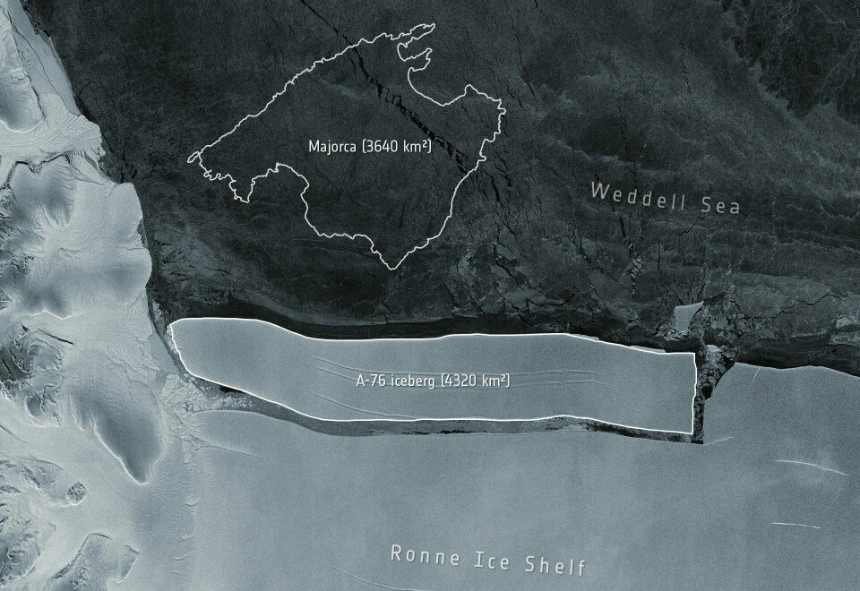 Satelittbilde av det enorme isfjellet A-76 som nylig løsnet i Antarktis. Omrisset av øya Mallorca er lagt inn for å vise hvor stort isfjellet er. A view of the newly calved iceberg designated A-76 by scientists, the largest currently afloat in the world according to the European Space Agency (ESA), and captured by the ESA's Copernicus Sentinel-1 mission is seen in this handout photo obtained by Reuters on May 20, 2021. ESA/Copernicus Sentinel-1 Mission, CC BY-SA 3.0 IGO/Handout via REUTERS ATTENTION EDITORS - NO RESALES. NO ARCHIVES. THIS IMAGE HAS BEEN SUPPLIED BY A THIRD PARTY. Link to CC BY-SA 3.0 IGO licence text: https://creativecommons.org/licenses/by-sa/3.0/igo/