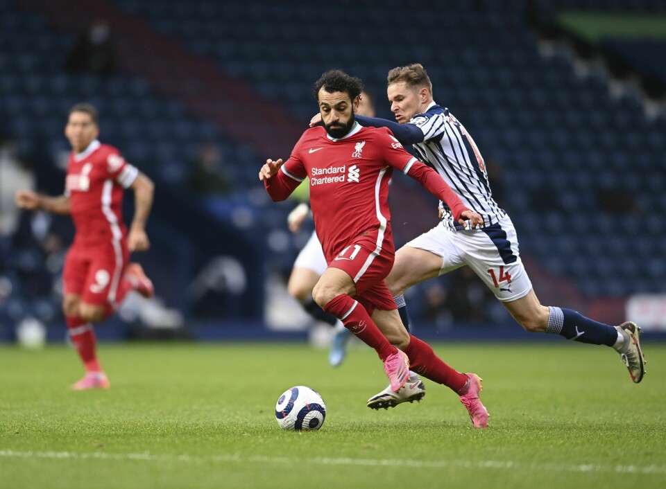 Liverpools Mohamed Salah i kamp mot West Bromwich Albion. Foto: Laurence Griffiths, Pool via AP / NTB Liverpools Mohamed Salah i kamp mot West Bromwich Albion. Foto: Laurence Griffiths, Pool via AP / NTB