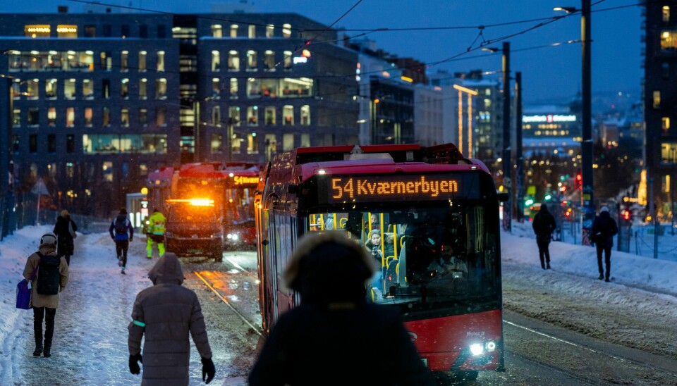 De elektriske bussene trenger mer tid til å lade i kulda. Mange avganger var innstilt i Oslo mandag morgen. Bildet viser en buss i Middelalderparken i Oslo.