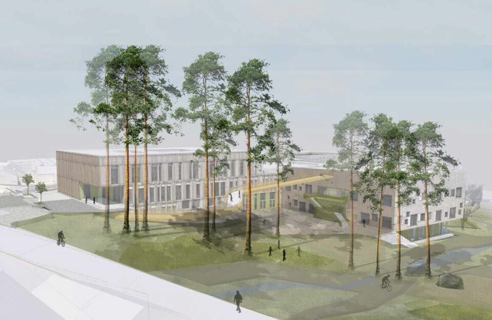 Slik så arkitektene for seg den nye skolen dagens tomt på Vaulen i 2021. Nå er kommunens planer til behandling i Kommunaldepartementet, der den har ligget i snart ett år etter at Statsforvalteren la ned innsigelse mot reguleringsplanen. Det ser ut til at trærne på skoletomten får stå også etter at det bygges nytt på Vaulen.