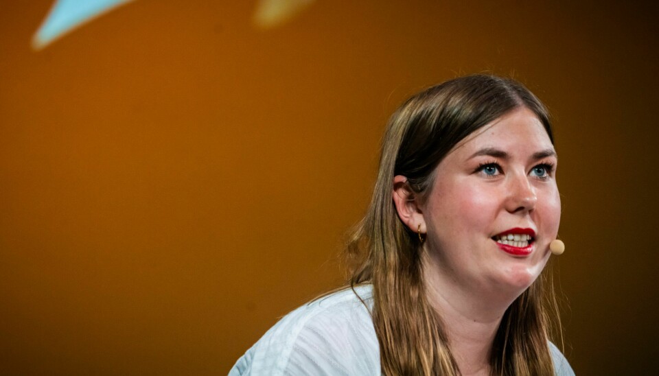 AUF-leder Astrid Hoem under ungdomspartilederdebatten i Arendalsuka 2023. AUF-leder Astrid Hoem sier at hun har en god følelse på AUFs vegne før skolevalget, selv om de ikke troner øverst på Tiktok-listene. Foto: Ole Berg-Rusten / NTB