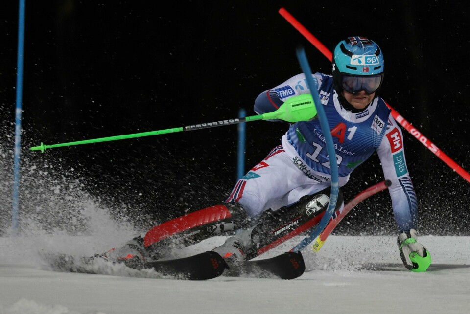 Timon Haugan kom på pallen i slalåmrennet i Schladming. Timon Haugan kom på pallen i slalåmrennet i Schladming. Foto: Marco Trovati / AP Photo / NTB.