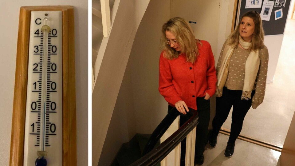 Lea Hiis-Bergh og Kjersti Monsen ønsker seg ny skole etter nok en periode med sprengkulde. På rektors kontor kom temperaturen ned i fire grader. Lea Hiis-Bergh og Kjersti Monsen ved Meland ungdomsskule