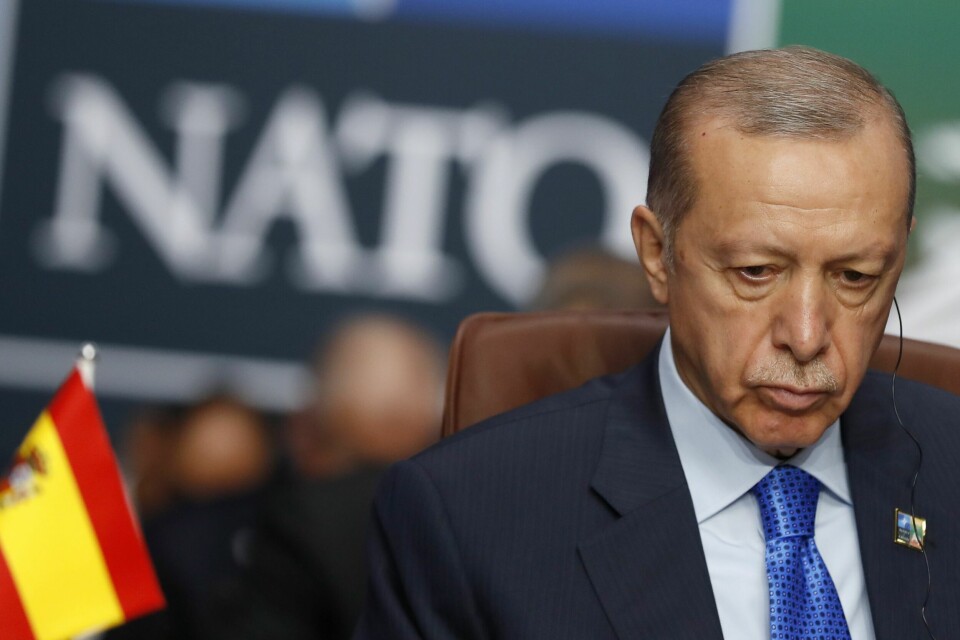 Tyrkias president Recep Tayyip Erdogan knytter godkjenning av Sveriges Nato-søknad til et kjøp av amerikanske F-16-fly. Tyrkias president Recep Tayyip Erdogan knytter godkjenning av Sveriges Nato-søknad til et kjøp av amerikanske F-16-fly. Foto: Mindaugas Kulbis / AP / NTB