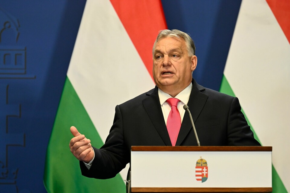Ungarns Viktor Orban er et stadig uromoment for EU. Hungary's Prime Minister Viktor Orban speaks during a press conference with Slovakia's Prime Minister Robert Fico at the Carmelite Monastery in Budapest, Hungary, Tuesday, Jan. 16, 2024. (AP Photo/Denes Erdos)