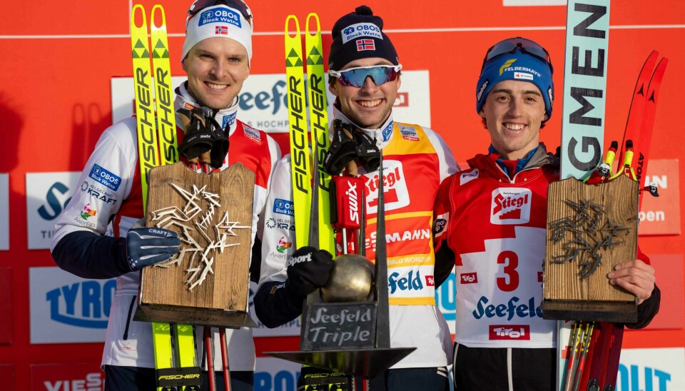 Nummer to Jørgen Graabak, vinner Jarl Magnus Riiber og tredjemann Stefan Rettenegger fra Østerrike etter at Seefeld-trippelen ble avsluttet søndag. Nummer to Jørgen Graabak, vinner Jarl Magnus Riiber og tredjemann Stefan Rettenegger fra Østerrike etter at Seefeld-trippelen ble avsluttet søndag.