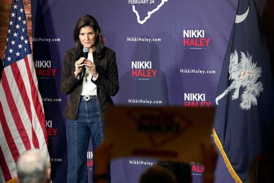 Den tidligere FN-ambassadøren og guvernøren Nikki Haley under et valgmøte i Spartanburg i hjemstaten South Carolina mandag. Den tidligere FN-ambassadøren og guvernøren Nikki Haley under et valgmøte i Spartanburg i hjemstaten South Carolina mandag. Foto: Meg Kinnard / AP / NTB