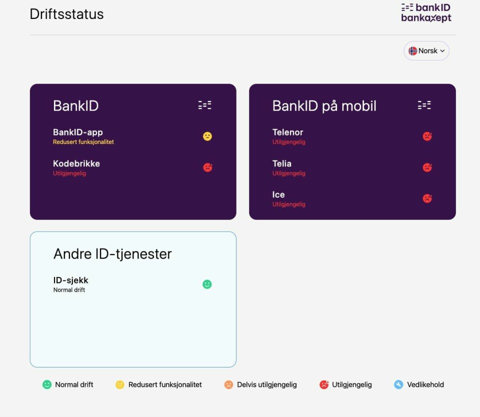 Det er problemer ved flere av BankID-tjenestene tirsdag kveld. BankID på mobil fungerer verken hos Telenor, Telia eller Ice. Det er problemer ved flere av BankID-tjenestene tirsdag kveld. BankID på mobil fungerer verken hos Telenor, Telia eller Ice. Foto: skjermdump BankID / NTB