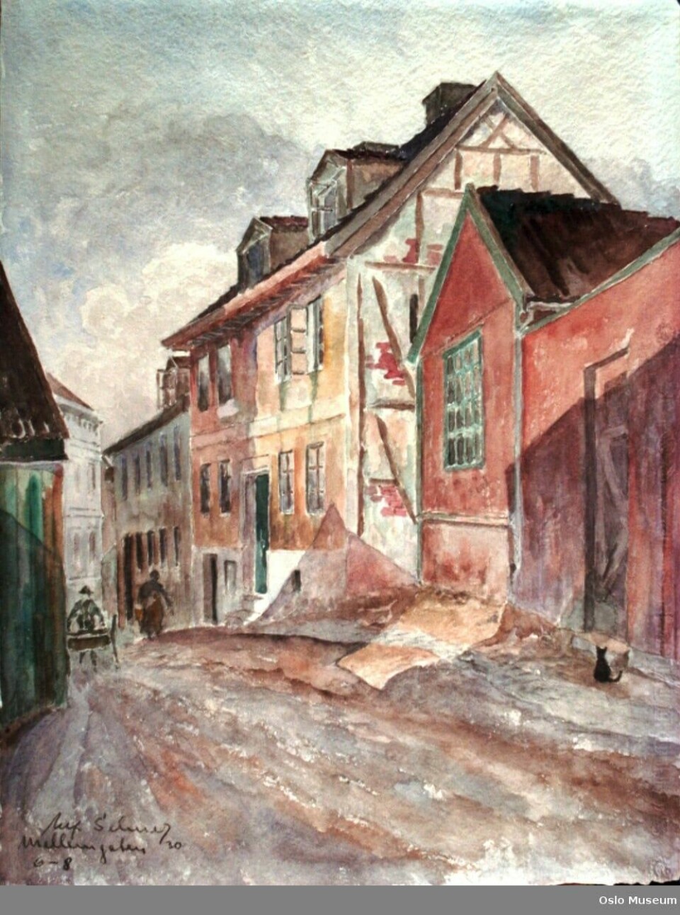 Mellemgata 6-8, malt i 1930. Mathilde bodde i nummer 6. Akvarell med hus tett i tett.