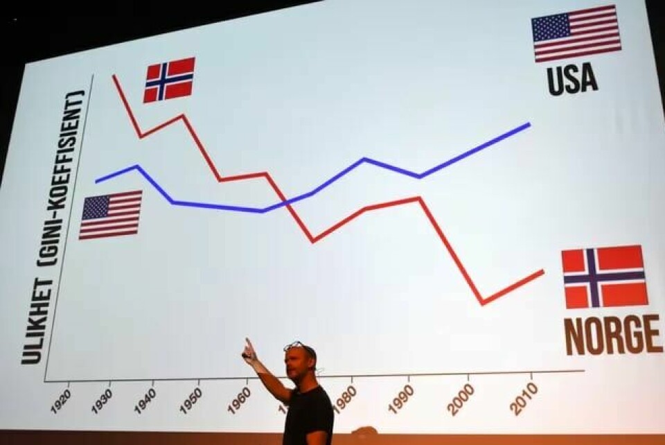 MINDRE ULIKHET: Harald Eia viser grafer og statistikker som underbygger budskapet.( Merk dippen opp fra 2000 til 2010). MINDRE ULIKHET: Harald Eia viser grafer og statistikker som underbygger budskapet.( Merk dippen opp fra 2000 til 2010).