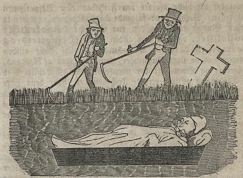 Karikatur av overgraveren som kastes i graven av graverne på kirkegården. Tegningen er muligens tegnet av en 22-årig Henrik Ibsen i Thranebevegelsens avis Arbeider-Foreningernes Blad 20. april 1850 Karikatur av overgraveren som kastes i graven av graverne på kirkegården. Tegningen er muligens tegnet av en 22-årig Henrik Ibsen i Thranebevegelsens avis Arbeider-Foreningernes Blad 20. april 1850