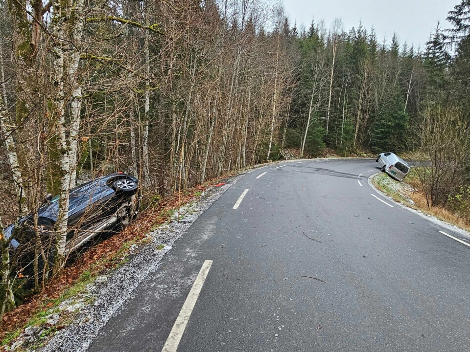 To biler har kjørt av veien på det glatte føret på Finnestadveien i Eidsberg i indre Østfold søndag To biler har kjørt av veien på det glatte føret på Finnestadveien i Eidsberg i indre Østfold søndag. Foto: Freddie Larsen / NTB