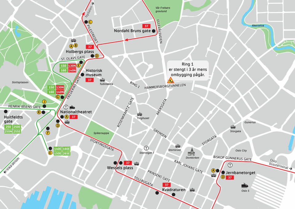 De nye traseene til buss 37 (i rødt) og regionbussene (i grønt). De nye traseene til buss 37 (i rødt) og regionbussene (i grønt).