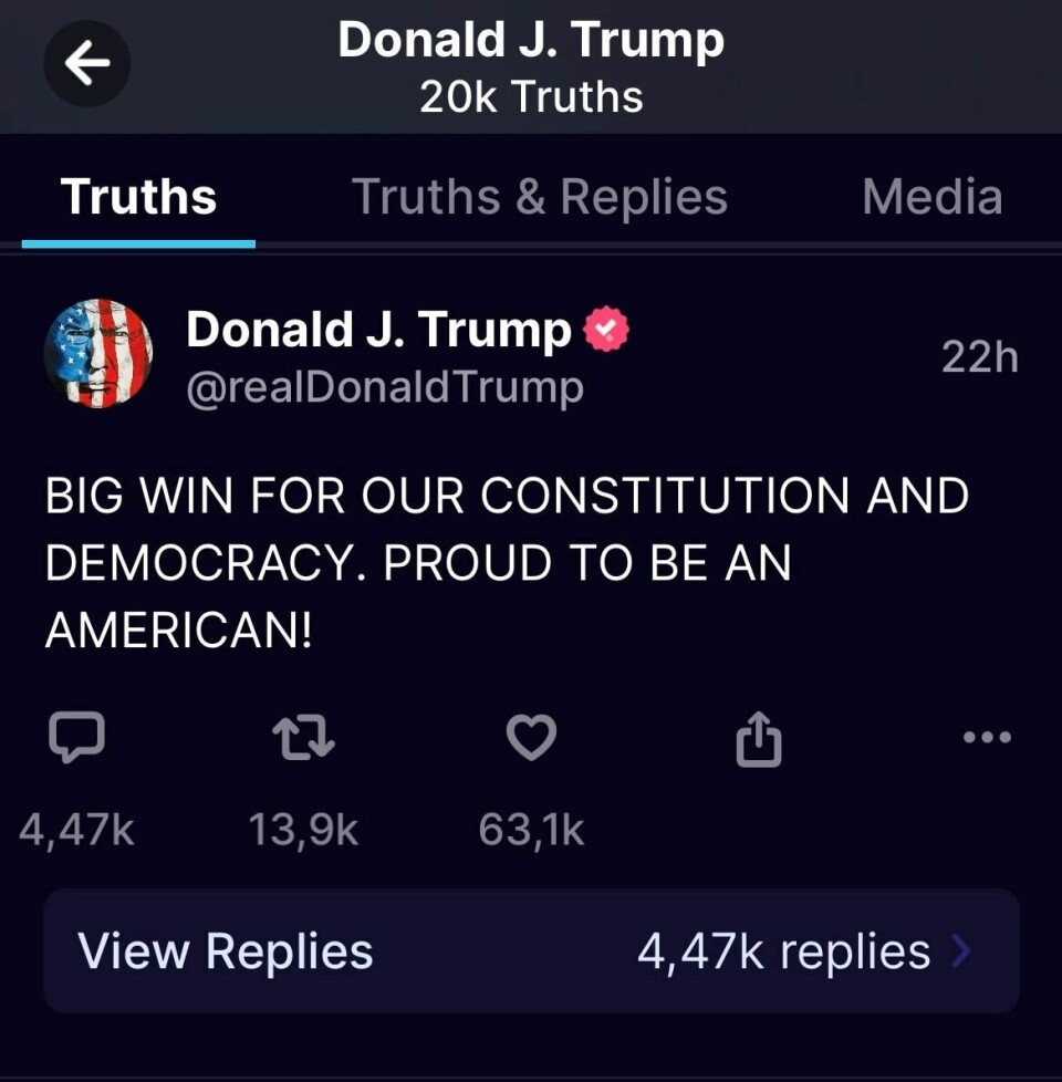 Donald Trump med jubel på sin egen sosiale plattform Truth Social, etter høyesteretts kjennelse mandag. Truth Social Post