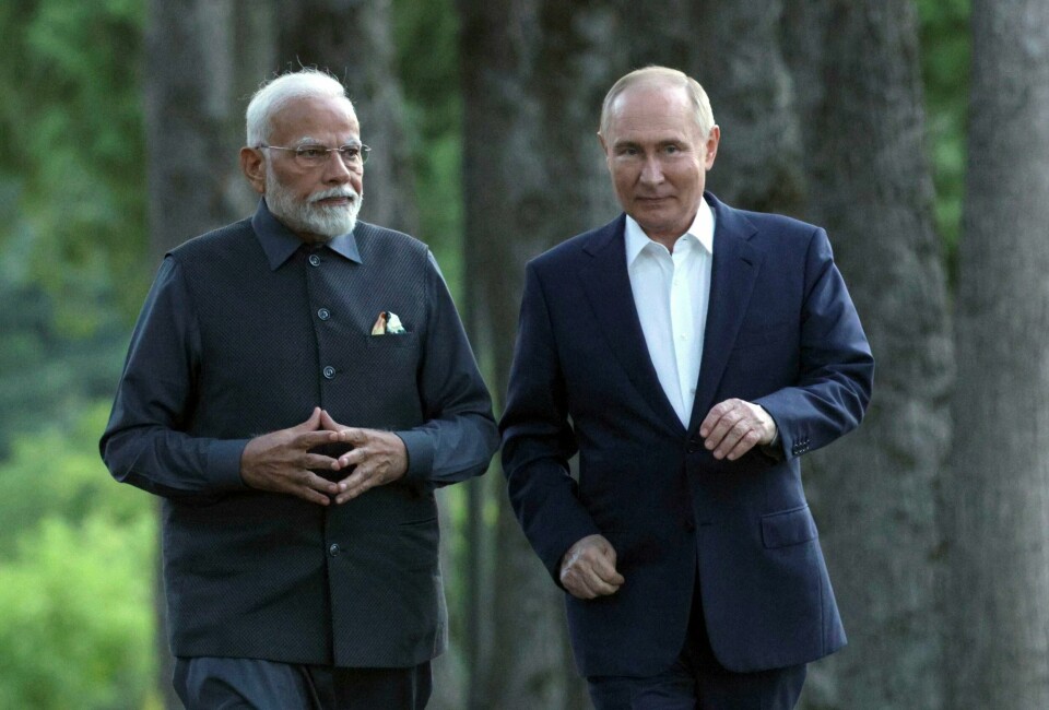 Indias statsminister Narendra Modi og den russiske presidenten Vladimir Putin under uformelle møter i residensen Novo-Ogaryovo utenfor Moskva. Indias statsminister Narendra Modi og den russiske presidenten Vladimir Putin under uformelle møter i residensen Novo-Ogaryovo utenfor Moskva. Foto: Gavriil Grigorov / Sputnik / AP / NTB