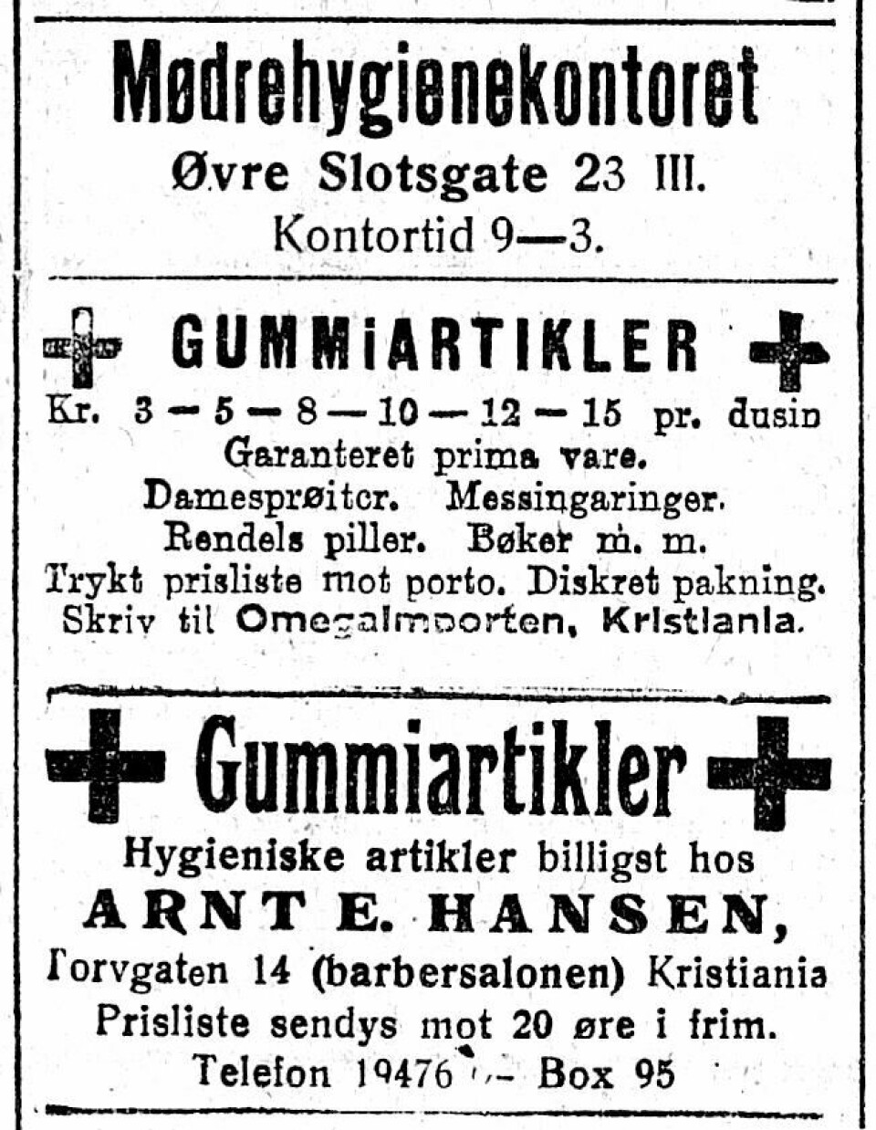 Annonser for prevensjonsmidler plassert nær annonsen for mødrehygienekontoret i Dagbladet, lørdag 19. juli 1924. Gummiartikler sendes mot porto. Diskré pakning.