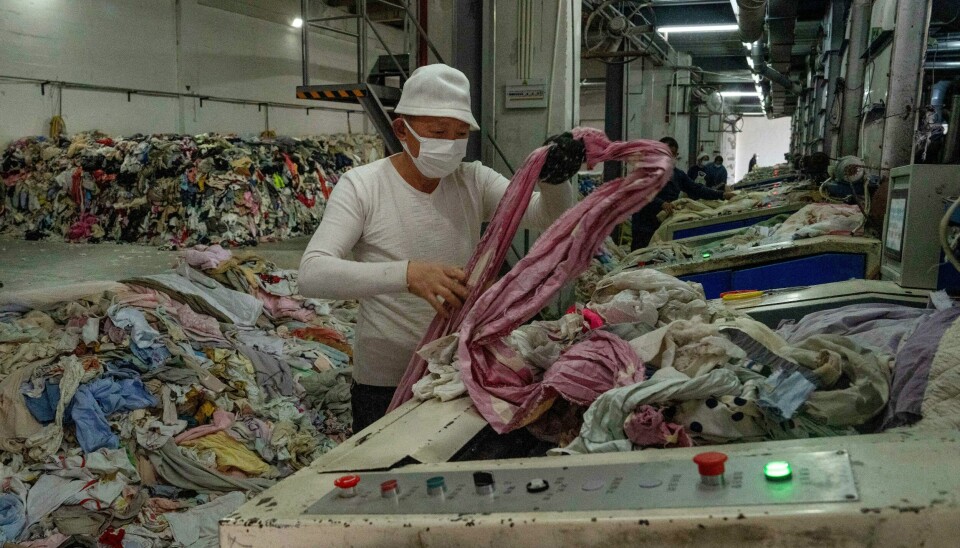 En arbeider ved en kinesisk gjenvinningsfabrikk forer maskinene med tekstilavfall. En arbeider ved en kinesisk gjenvinningsfabrikk forer maskinene med tekstilavfall. Foto: Ng Han Guan / AP / NTB