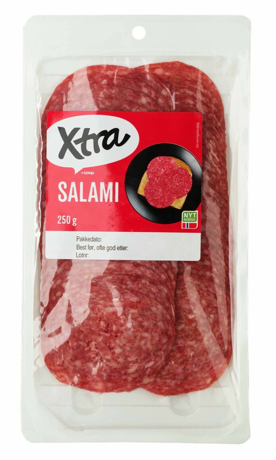 Coop kaller tilbake Xtra Salami 250 gram med best før-dato 21.12.2024 og 15.02.2025 på grunn av funn av metallbiter. Produktet er fjernet fra butikkene. Tilbakekallingen gjelder produkter med best før-dato 21.12.2024 (batchnummer: 41327300) og 15.02.2025 (batchnummer: 42127300). Foto: Coop / NTB