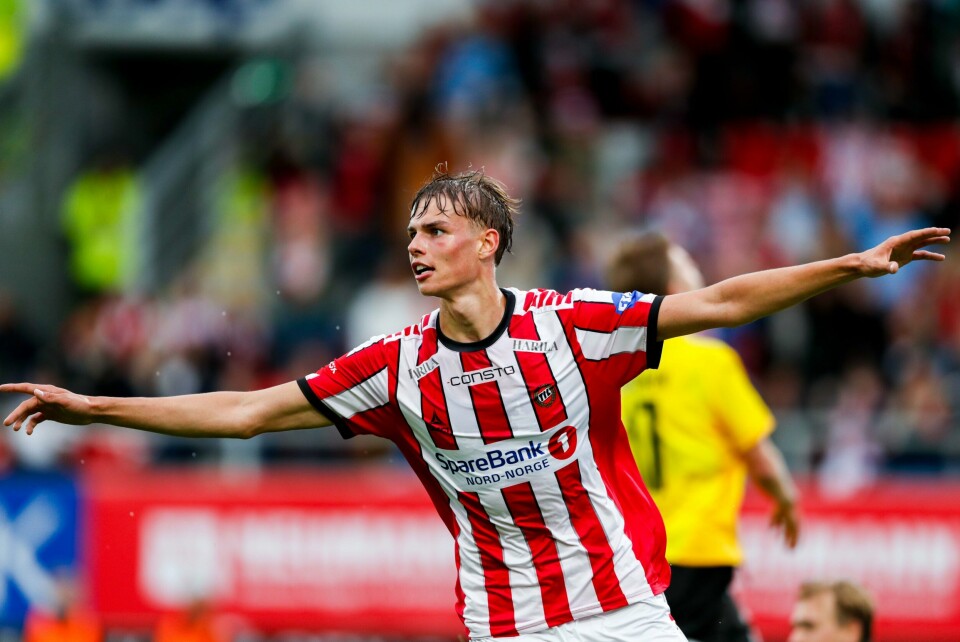 Jens Hjertø-Dahl jubler etter å ha gitt Tromsø ledelsen mot finske KuPS i kvalifisering til conferenceligaen. Jens Hjertø-Dahl jubler etter å ha gitt Tromsø ledelsen mot finske KuPS i kvalifisering til conferenceligaen. Foto: Rune Stoltz Bertinussen / NTB