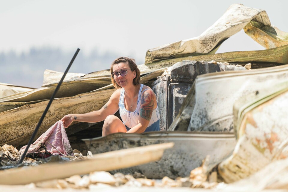 Andrea Blaylock leter gjennom ruinene av huset sitt i Forest Ranch, California. Andrea Blaylock leter gjennom ruinene av huset sitt i Forest Ranch, California.