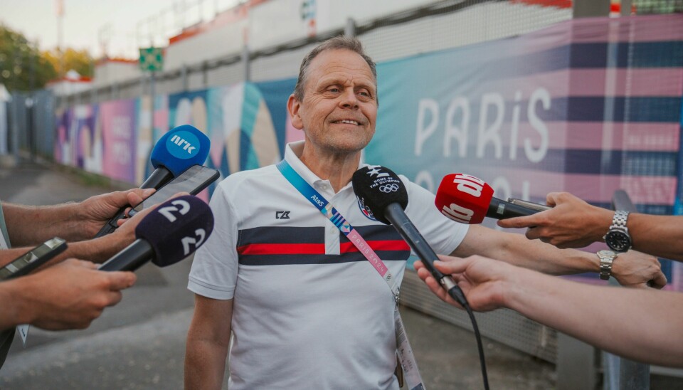 Landslagssjef Thorir Hergeirsson på pressemøtet utenfor OL-leiren etter seieren mot Frankrike i Pierre Mauroy Stadium. Landslagssjef Thorir Hergeirsson på pressemøtet utenfor OL-leiren etter seieren mot Frankrike i Pierre Mauroy Stadium under OL i Paris 2024.Foto: Stian Lysberg Solum / NTB