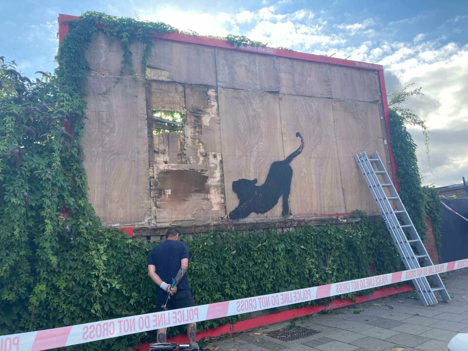 Bygningsarbeidere tar ned et Banksy-bilde av en katt som dukket opp i London denne uka. Bygningsarbeidere tar ned et Banksy-bilde av en katt som dukket opp i London denne uka. Foto: Jordan Reynolds / PA via AP / NTB