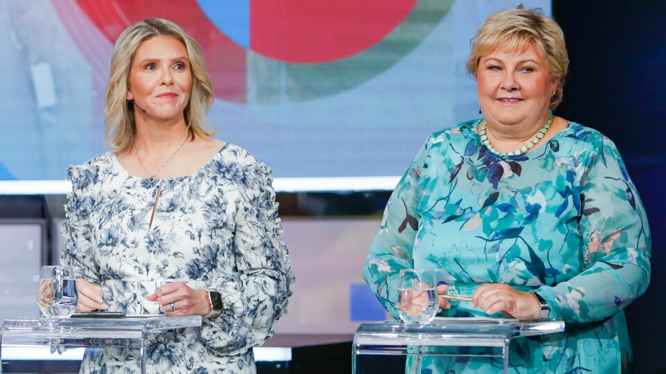 Sylvi Listhaug (Frp) og Erna Solberg (H), her fra TV 2s partilederdebatt i 2023. Sylvi Listhaug (Frp) og Erna Solberg (H), her fra TV 2s partilederdebatt i 2023.