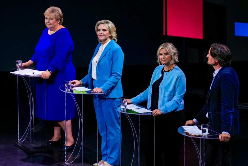 Arendalsdebatten 2024: f.v.: Høyre-leder Erna Solberg, Frp-leder Sylvi Listhaug, Venstre-leder Guri Melby og partileder-vikar Dag Inge Ulstein (KrF) Partilederdebatten 2024 i Arendal