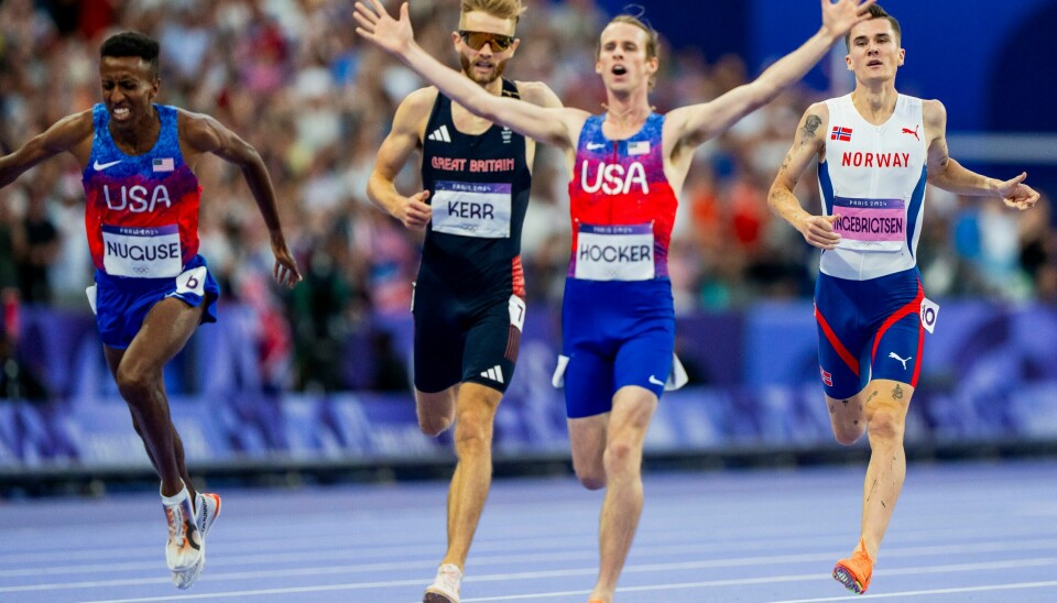 Jakob Ingebrigtsen måtte se seg slått av Cole Hocker fra USA, Yared Nuguse fra USA og Josh Kerr fra Storbritannia i OL. Torsdag møtes de igjen, til ny duell på 1500 meter i Lausanne. 1500-meterkvartetten som møtes igjen i Diamond League i Zürich. Foto: Fredrik Varfjell / NTB