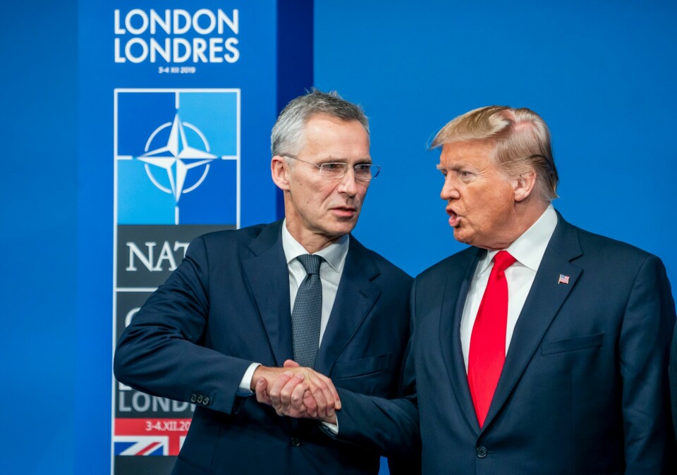 Generalsekretær i NATO Jens Stoltenberg avbildet med Donald Trump under Trumps presidentperiode. Nato-generalsekretær Jens Stoltenberg og daværende president Donald Trump under Nato-toppmøtet i London i 2019. Foto: Heiko Junge / NTB