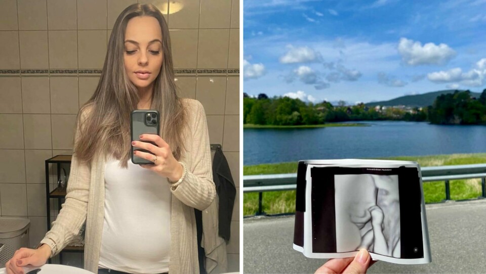 Dette er et bilde av meg som gravid i uke 14 og et bilde fra ultralyd av vårt andre barn i uke 18. Et barn på størrelse med en agurk, med et hjerte som har slått siden uke 3, som jeg kunne kjenne bevegelsene til i den uken. Camilla Rozina.
