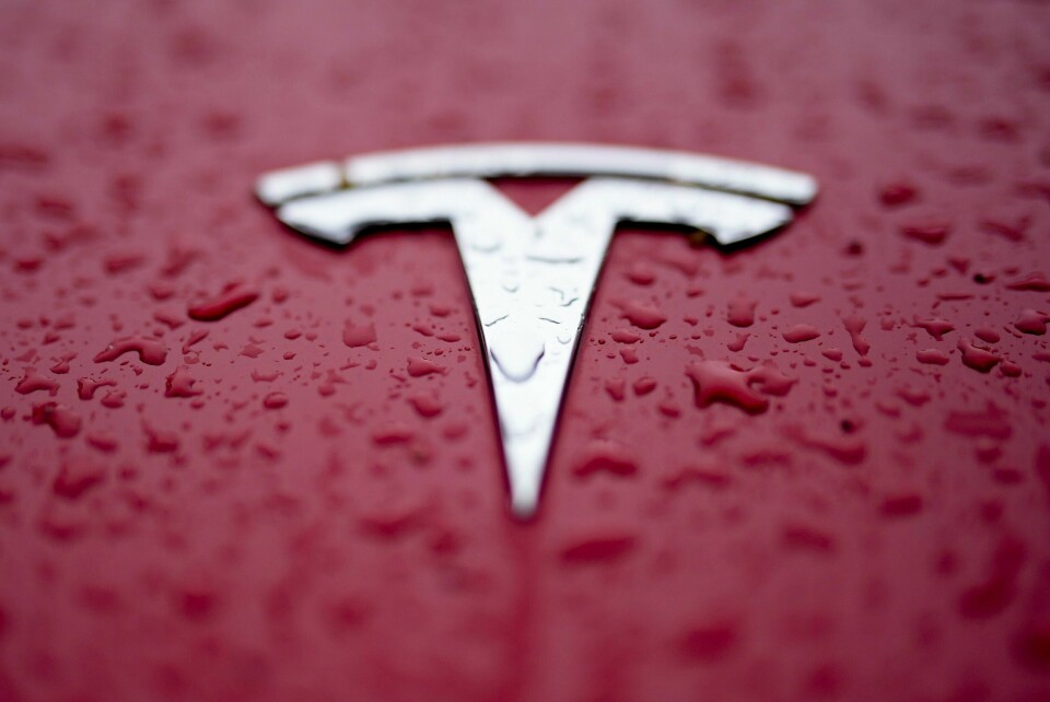 Teslas logo. Illustrasjonsfoto. Det er hogget ned om lag en halv million trær for å bygge en svær Tesla-fabrikk utenfor Berlin i Tyskland. Foto: Chris Carlson / AP / NTB