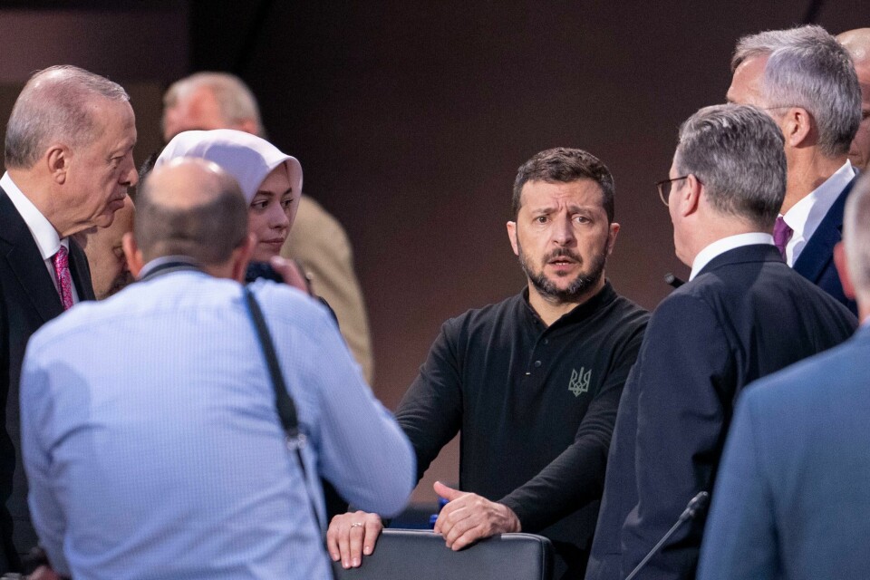 Ukrainas president Volodymyr Zelenskyj sier han jobber med en plan som skal sikre fred. Han sier amerikansk støtte er uvurderlig. Ukrainas president Volodymyr Zelenskyj, Natos generalsekretær Jens Stoltenberg, Storbritannias statsminister Keir Starmer og Tyrkias president Recep Tayyip Erdogan under et møte i Nato-Ukraina-rådet på toppmøtet i Washington. Et mulig presidentskifte i USA stiller Ukraina overfor nye utfordringer. Foto: Javad Parsa / NTB