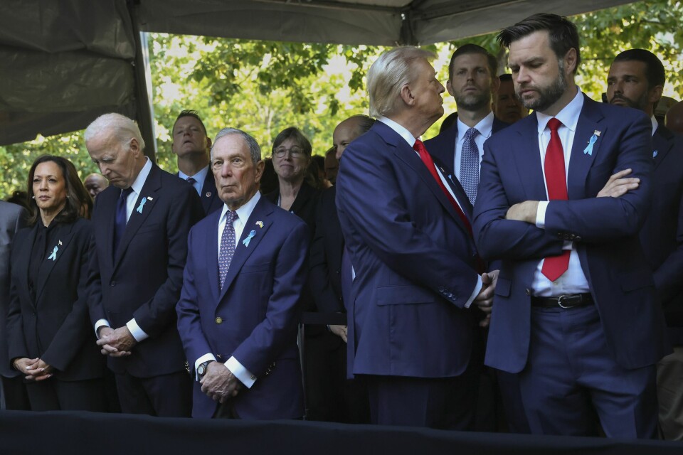 Republikanernes presidentkandidat Donald Trump og Demokratenes presidentkandidat Kamala Harris var begge til stede på minneseremonien for dem som ble drept 11. september 2001. Republikanernes presidentkandidat Donald Trump og Demokratenes presidentkandidat Kamala Harris var begge til stede på minneseremonien for dem som ble drept 11. september 2001. Foto: Yuki Iwamura / AP / NTB