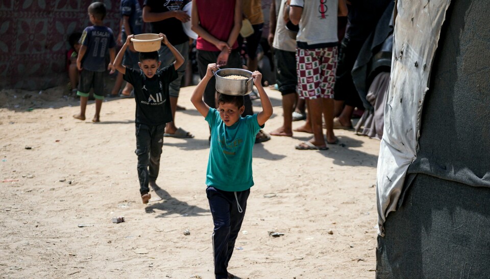 Palestinske barn henter mat i et telt i en leir i Deir al-Balah. Palestinske barn blir sendt ut for å hente mat eller vann til familiene sine som bor i teltleirer i Deir al-Balah, istedenfor å bli sendt til skolen. Alle skolene på Gazastripen er stengt på grunn av krigen. Foto: Abdel Kareem Hana / AP / NTB
