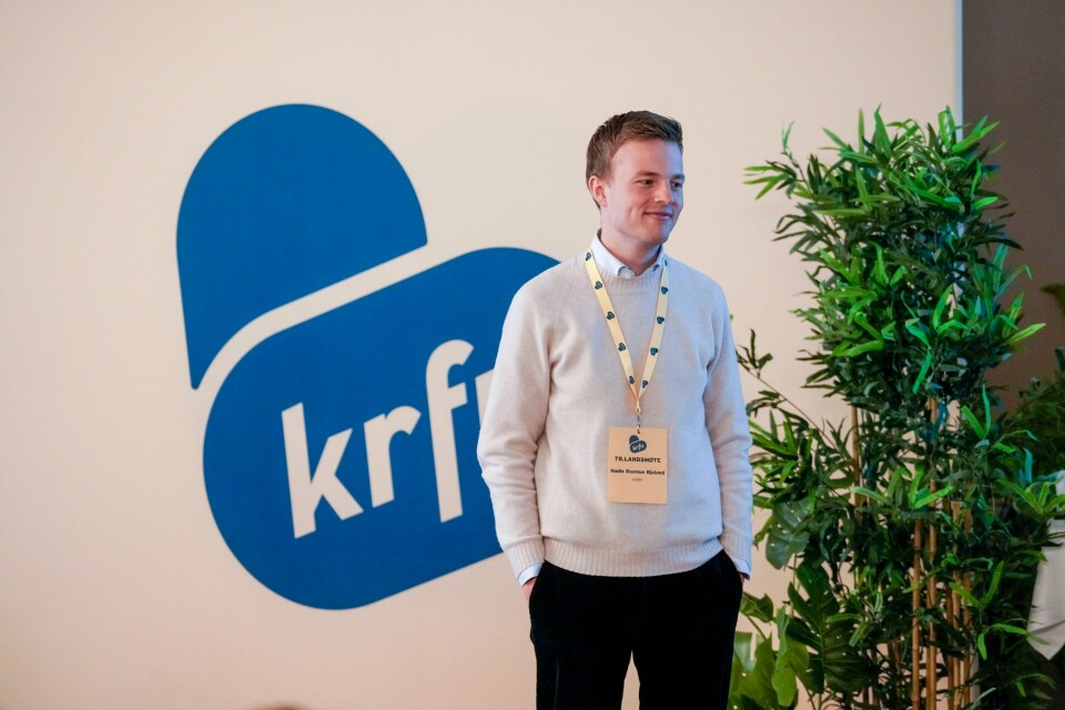 Hadle Rasmus Bjuland ble gjenvalgt som leder på KrFUs landsmøte på Thon Hotell Vettre i Asker lørdag. Hadle Rasmus Bjuland ble gjenvalgt som leder på KrFUs landsmøte på Thon Hotell Vettre i Asker lørdag.Foto: Thomas Fure / NTB