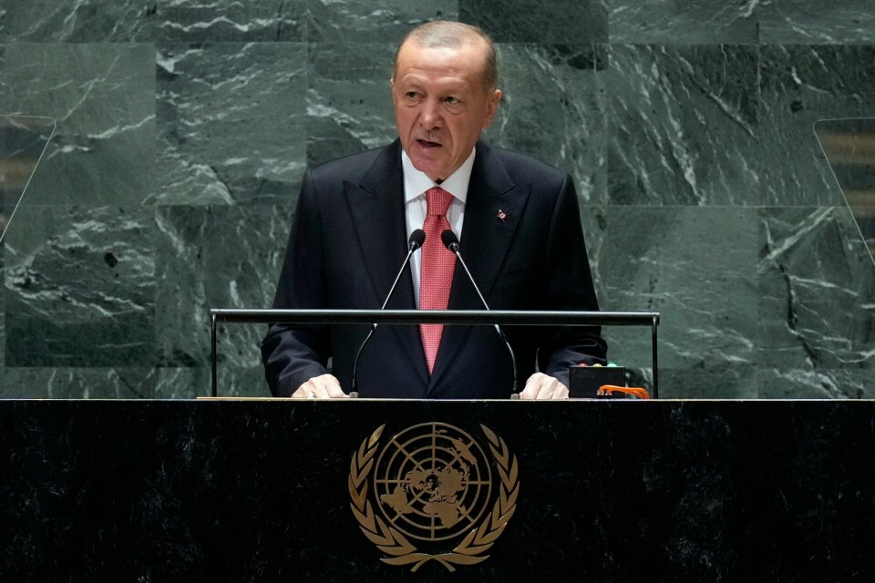 Tyrkias president Recep Tayyip Erdogan på talerstolen i FNs hovedforsamling tirsdag. Tyrkias president Recep Tayyip Erdogan på talerstolen i FNs hovedforsamling tirsdag. Foto: Richard Drew / AP / NTB