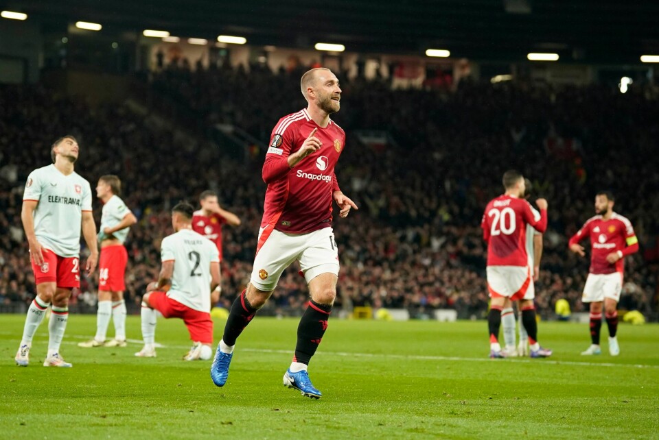 Christian Eriksen jubler etter å ha gitt Manchester United ledelsen i europaligakampen mot Twente. Christian Eriksen jubler etter å ha gitt Manchester United ledelsen i europaligakampen mot Twente. Foto: Dave Thompson, AP / NTB