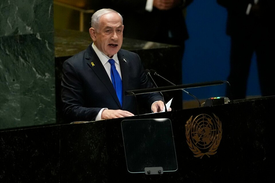 Israels statsminister Benjamin Netanyahu talte fredag i FNs hovedforsamling. Israels statsminister Benjamin Netanyahu talte fredag i FNs hovedforsamling. Foto: AP / NTB